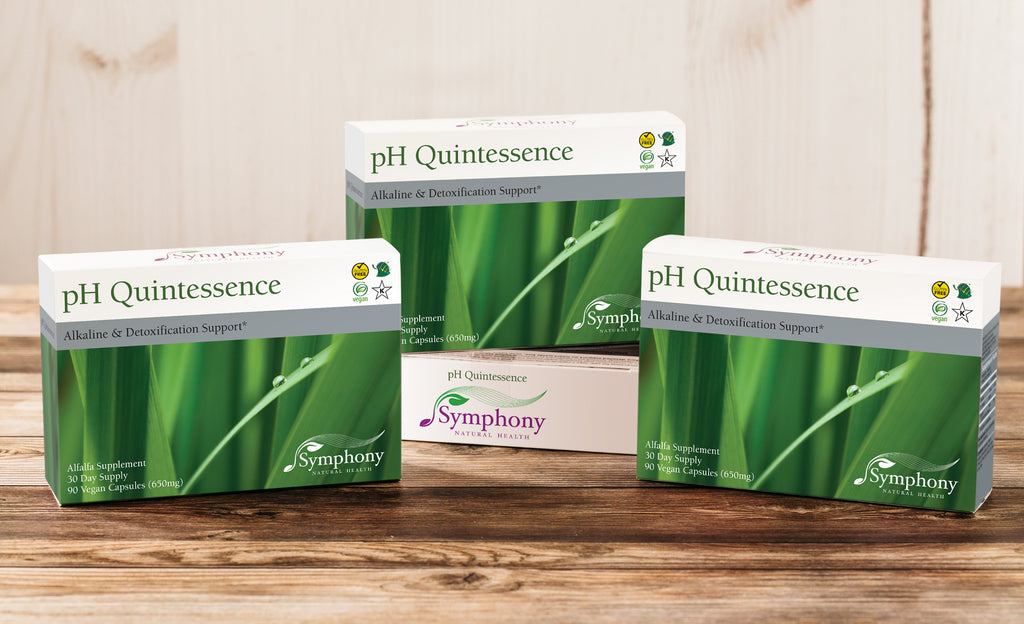 pH Quintessence front-facing three product boxes, one elevated by another box laying on side, with green leaves with water drops, vegan, gluten free, Kosher